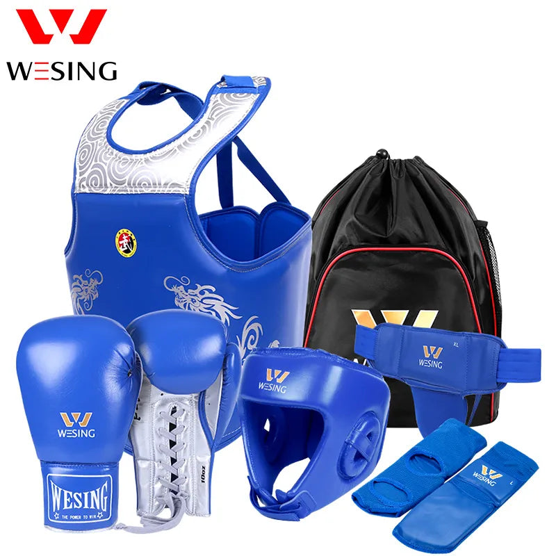 Wesing Professional 6Pcs Set Sanda Protective Gear Full Set Head Protection Chest Guard Boxing Gloves