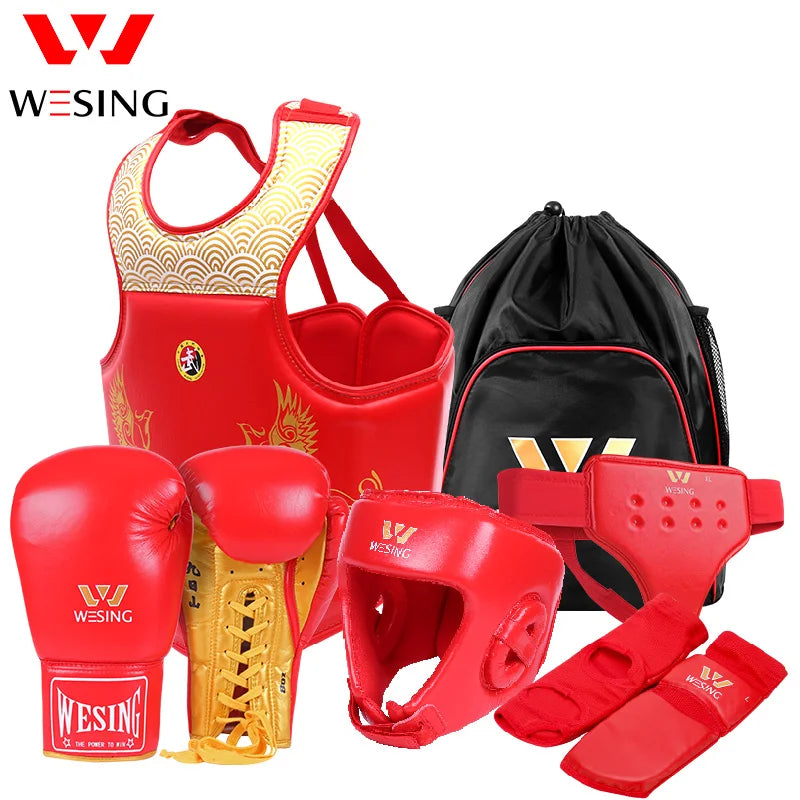 Wesing Professional 6Pcs Set Sanda Protective Gear Full Set Head Protection Chest Guard Boxing Gloves